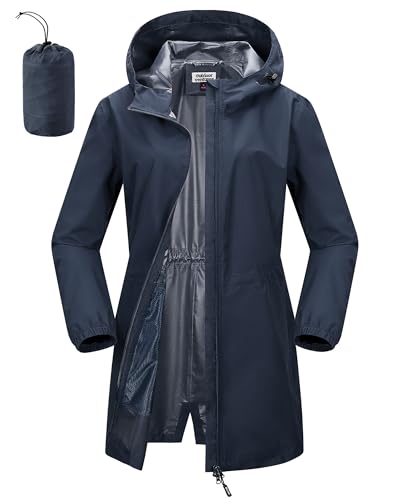Outdoor Ventures Damen Wasserdicht Regenjacke Lang Windbreaker Übergangsjacke Leichte Atmungsaktiv Outdoorjacke Raincoat Regenparka mit Kapuze Navy Blau L von Outdoor Ventures
