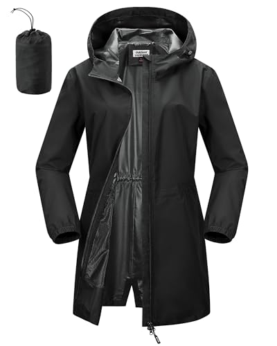 Outdoor Ventures Damen Wasserdicht Regenjacke Lang Windbreaker Übergangsjacke Leichte Atmungsaktiv Outdoorjacke Raincoat Regenparka mit Kapuze Schwarz XS von Outdoor Ventures