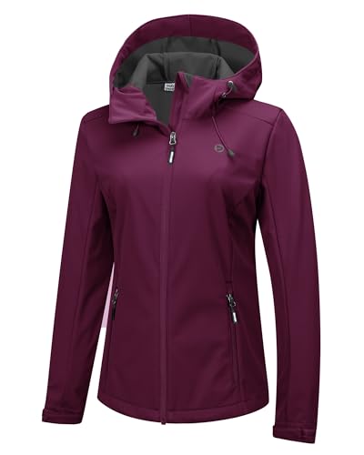 Outdoor Ventures Damen Wasserdichte Softshelljacke Winddichte Übergangsjacke mit Kapuze Leichte Sportjacke Funktionsjacke zum Radfahren, Wandern, Burgunderrot 38 von Outdoor Ventures