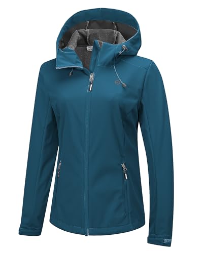 Outdoor Ventures Damen Wasserdichte Softshelljacke Winddichte Übergangsjacke mit Kapuze Leichte Sportjacke Funktionsjacke zum Radfahren, Wandern, Keramikblau 38 von Outdoor Ventures