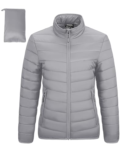 Outdoor Ventures Damen Winter Leichte Jacke Warm Kurz Packable Puffer Jacke Übergang Gepolsterte Daunenjacke Steppjacke für Damen Gefüttert für Wandern Reisen Foggy Grey L von Outdoor Ventures