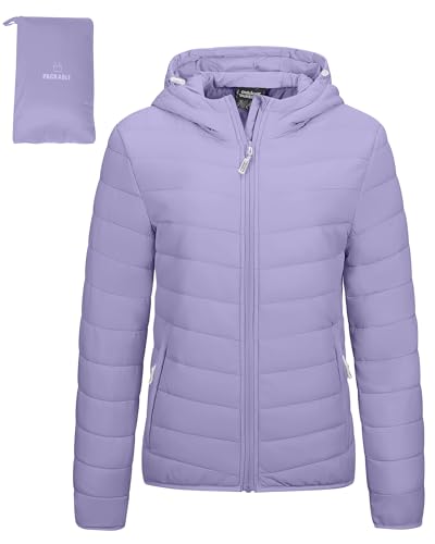 Outdoor Ventures Damen Winter Leichte Puffer Jacke mit Kapuze Warm Kurz Packbar Gesteppte Übergangsjacke Gepolsterte Daunenjacke für Damen Gefüttert für Wandern Reisen, Taro Violett, L von Outdoor Ventures