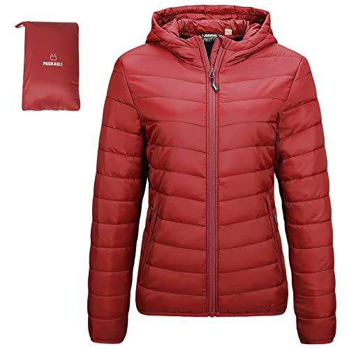 Outdoor Ventures Damen Winter Leichte Pufferjacke mit Kapuze Warm Kurz Packbar Steppjacke Übergangs Gepolsterte Daunenjacke für Damen Gefüttert für Wandern Reisen, rot, 38 von Outdoor Ventures