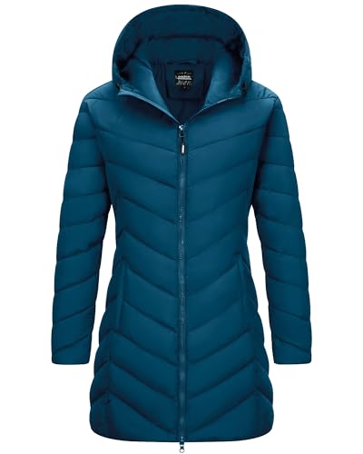 Outdoor Ventures Damen Wintermantel Langer Warmer Steppmantel Leicht Parka Wasserdicht Winterjacke mit Kapuze Funktionsjacke Übergangsjacke Keramikblau XL von Outdoor Ventures