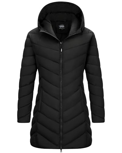 Outdoor Ventures Damen Wintermantel Langer Warmer Steppmantel Leicht Parka Wasserdicht Winterjacke mit Kapuze Funktionsjacke Übergangsjacke Schwarz 2XL von Outdoor Ventures