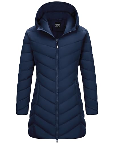 Outdoor Ventures Damen Wintermantel Langer Warmer Steppmantel Leicht Parka Wasserdicht Winterjacke mit Kapuze Funktionsjacke Übergangsjacke Schwarzblau L von Outdoor Ventures