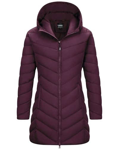 Outdoor Ventures Damen Wintermantel Langer Warmer Steppmantel Leicht Parka Wasserdicht Winterjacke mit Kapuze Funktionsjacke Übergangsjacke Weinrot M von Outdoor Ventures