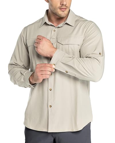 Outdoor Ventures Hemd Herren Freizeithemd Langarm Outdoor Shirt Atmungsaktive Schnell Trocknende Funktionshemd, Männer Frühling Sommer UV-Schutz Sportshirt Khaki 2XL von Outdoor Ventures