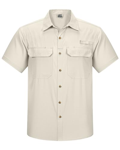 Outdoor Ventures Herren Hemd Kurzarm UV Schutz Freizeithemd Wasserdicht Schnelltrocknendes Funktionshemd zum Wandern, Angeln, Reise,Safari Hell Khaki 3XL von Outdoor Ventures