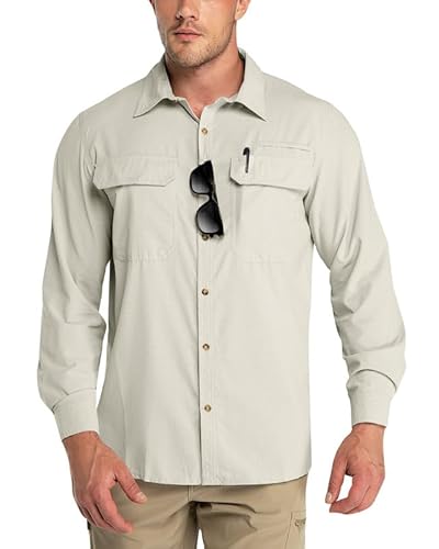 Outdoor Ventures Herren Langarm Hemd Outdoor Funktionshemd Schnelltrocknende Shirts Casual Freizeithemd Atmungsaktive Sportshemd Frühling Sommer Herbst mit Taschen für Wandern Camping Beige 2XL von Outdoor Ventures