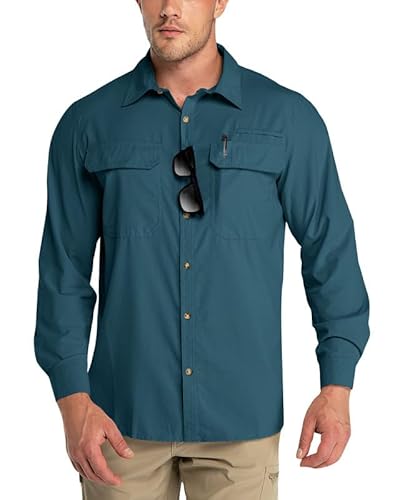 Outdoor Ventures Herren Langarm Hemd Outdoor Funktionshemd Schnelltrocknende Shirts Casual Freizeithemd Atmungsaktive Sportshemd Frühling Sommer Herbst mit Taschen für Wandern Camping Dunkelgrün 3XL von Outdoor Ventures