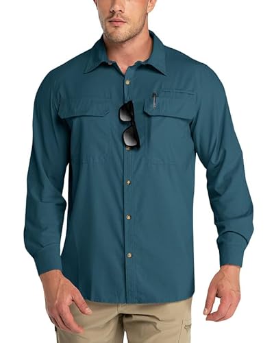 Outdoor Ventures Herren Langarm Hemd Outdoor Funktionshemd Schnelltrocknende Shirts Casual Freizeithemd Atmungsaktive Sportshemd Frühling Sommer Herbst mit Taschen für Wandern Camping Dunkelgrün M von Outdoor Ventures