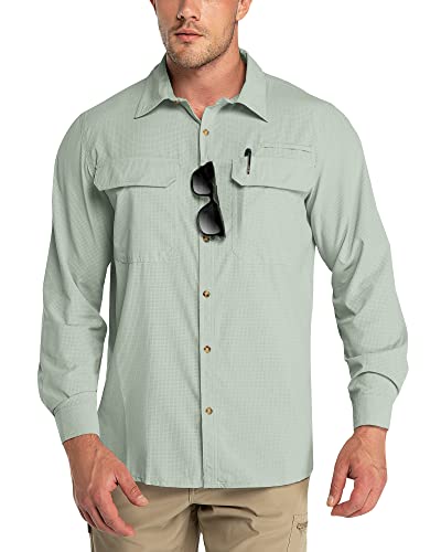 Outdoor Ventures Herren Langarm Hemd Outdoor Funktionshemd Schnelltrocknende Shirts Casual Freizeithemd Atmungsaktive Sportshemd Frühling Sommer Herbst mit Taschen für Wandern Camping Eisgrün 2XL von Outdoor Ventures