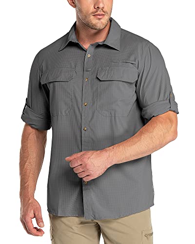 Outdoor Ventures Herren Langarm Hemd Outdoor Funktionshemd Schnelltrocknende Shirts Casual Freizeithemd Atmungsaktive Sportshemd Frühling Sommer Herbst mit Taschen für Wandern Camping Grau 2XL von Outdoor Ventures