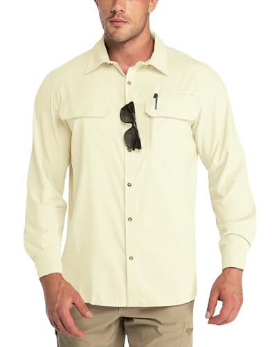 Outdoor Ventures Herren Langarm Hemd Outdoor Funktionshemd Schnelltrocknende Shirts Casual Freizeithemd Atmungsaktive Sportshemd Frühling Sommer Herbst mit Taschen für Wandern Camping Hellgelb 4XL von Outdoor Ventures