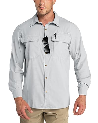 Outdoor Ventures Herren Langarm Hemd Outdoor Funktionshemd Schnelltrocknende Shirts Casual Freizeithemd Atmungsaktive Sportshemd Frühling Sommer Herbst mit Taschen für Wandern Camping Hellgrau M von Outdoor Ventures