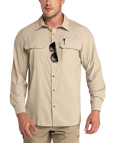 Outdoor Ventures Herren Langarm Hemd Outdoor Funktionshemd Schnelltrocknende Shirts Casual Freizeithemd Atmungsaktive Sportshemd Frühling Sommer Herbst mit Taschen für Wandern Camping Khaki 2XL von Outdoor Ventures