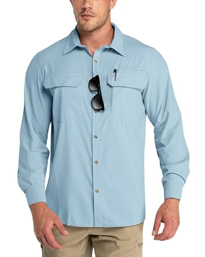 Outdoor Ventures Herren Langarm Hemd Outdoor Funktionshemd Schnelltrocknende Shirts Casual Freizeithemd Atmungsaktive Sportshemd Frühling Sommer Herbst mit Taschen für Wandern Camping Nebliges Blau XL von Outdoor Ventures