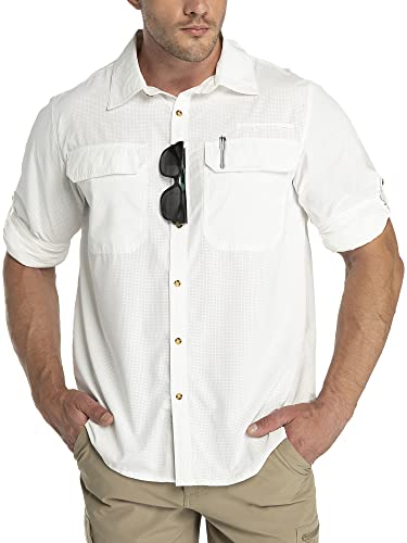 Outdoor Ventures Herren Langarm Hemd Outdoor Funktionshemd Schnelltrocknende Shirts Casual Freizeithemd Atmungsaktive Sportshemd Frühling Sommer Herbst mit Taschen für Wandern Camping Weiß 4XL von Outdoor Ventures