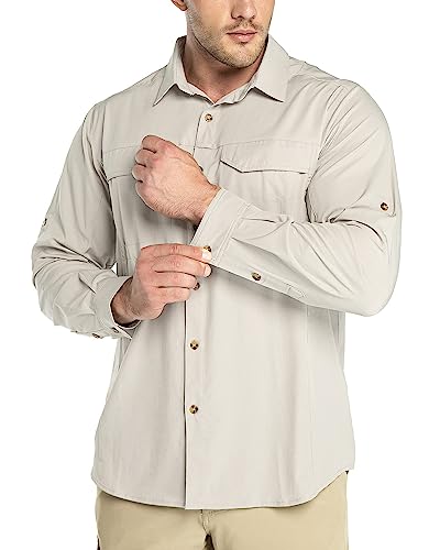 Outdoor Ventures Herren Langarm Sonnenschutz Hemd Casual Freizeit Shirts Outdoor Multi Taschen Hemd Atmungsaktiv Schnell Trocknend Funktionsshirts für Frühling & Sommer Khaki 2XL von Outdoor Ventures