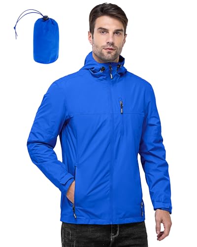 Outdoor Ventures Herren Leichte wasserdichte Jacke Winddichte Regenmäntel Pack Away Kapuzenjacken Windbreaker für Camping Angeln Laufen Radfahren Hellblau L von Outdoor Ventures