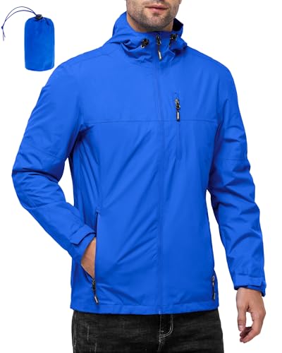 Outdoor Ventures Herren Leichte wasserdichte Jacke Winddichte Regenmäntel Pack Away Kapuzenjacken Windbreaker für Camping Angeln Laufen Radfahren Hellblau M von Outdoor Ventures