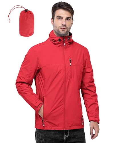 Outdoor Ventures Herren Leichte wasserdichte Jacke Winddichte Regenmäntel Pack Away Kapuzenjacken Windbreaker für Camping Angeln Laufen Radfahren Hellrot M von Outdoor Ventures