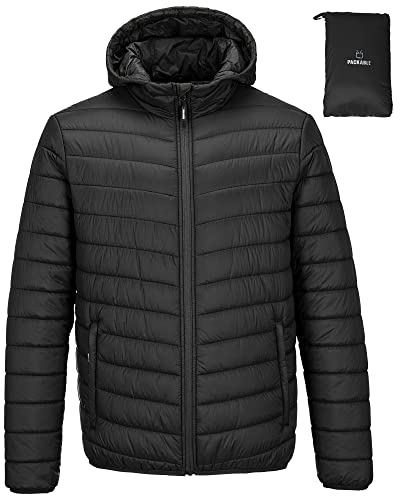 Outdoor Ventures Herren-Pufferjacke, leicht, wasserabweisend, Kapuzenjacke, isoliert, geschwollener Mantel, Winter, verstaubar, Herrenjacke mit Taschen für Wandern, Camping, Reisen, Schwarz, L von Outdoor Ventures