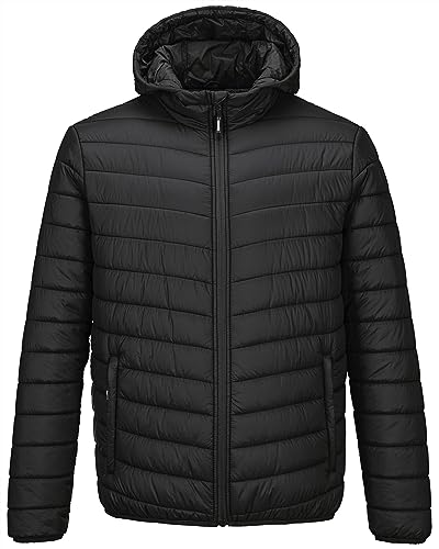 Outdoor Ventures Herren-Pufferjacke Leichte Wasserdichte Kapuzenjacke Isolierter Puffmantel Verstaubare Winterjacke für Herren mit Taschen Zum Wandern Camping Reisen Klassisch Schwarz 2XL von Outdoor Ventures