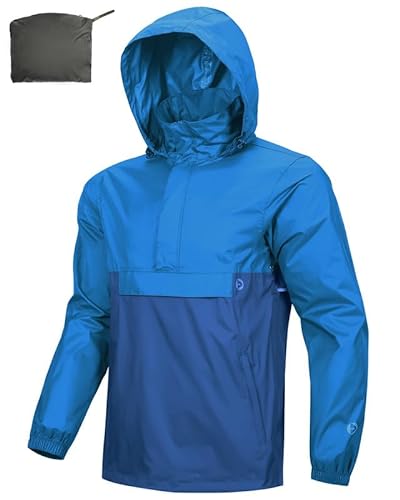 Outdoor Ventures Herren Regenjacke Wasserdichter Pullover mit Kapuze Packbare Reflektierende Jacke Leichte Fahrrad Windjacke Atmungsaktive Softshelljacke für Wandern Königsblau/Klassisch Blau M von Outdoor Ventures