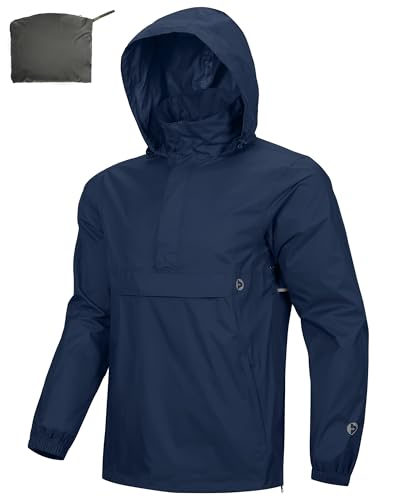 Outdoor Ventures Herren Regenjacke Wasserdichter Pullover mit Kapuze Packbare Reflektierende Jacke Leichte Fahrrad Windjacke Atmungsaktive Softshelljacke für Wandern Laufen Outdoor Navy Blau L von Outdoor Ventures