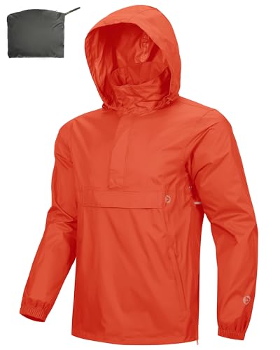 Outdoor Ventures Herren Regenjacke Wasserdichter Pullover mit Kapuze Packbare Reflektierende Jacke Leichte Fahrrad Windjacke Atmungsaktive Softshelljacke für Wandern Laufen Outdoor Orangerot S von Outdoor Ventures