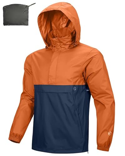 Outdoor Ventures Herren Regenjacke Wasserdichter Pullover mit Kapuze Packbare Reflektierende Jacke Leichte Fahrrad Windjacke Atmungsaktive Softshelljacke für Wandern Laufen Tieforange/Dunkelblau S von Outdoor Ventures