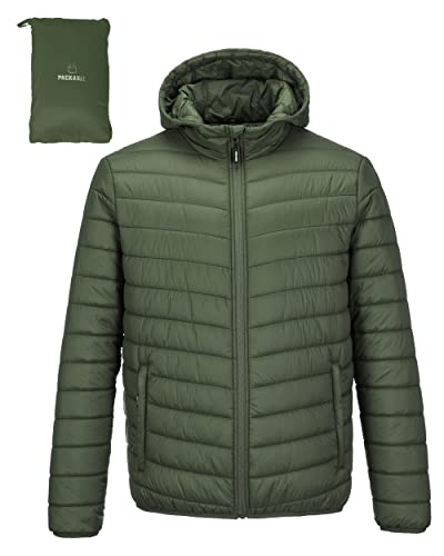 Outdoor Ventures Herren Steppjacke Wasserdichte Pufferjacke Verstaubare Leichte Wasserdichte Kapuzenjacke Winterjacke mit Taschen Armeegrün M von Outdoor Ventures