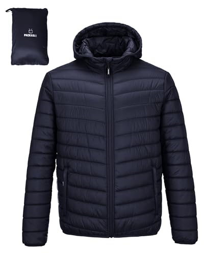 Outdoor Ventures Herren Steppjacke Wasserdichte Pufferjacke Verstaubare Leichte Wasserdichte Kapuzenjacke Winterjacke mit Taschen Dunkelblau XL von Outdoor Ventures