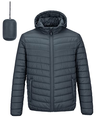 Outdoor Ventures Herren Steppjacke Wasserdichte Pufferjacke Verstaubare Leichte Wasserdichte Kapuzenjacke Winterjacke mit Taschen Klassisch Dunkelgrau S von Outdoor Ventures