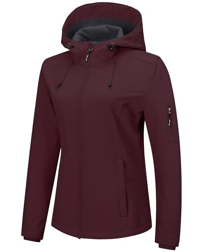 Outdoor Ventures Jacke Damen Wasserdichte Atmungsaktiv Softshelljacke - Übergangsjacke Winddichte Regenjacke Funktionsjacke mit Kapuze Dunkelrot XS von Outdoor Ventures