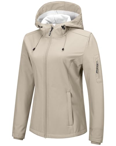 Outdoor Ventures Jacke Damen Wasserdichte Atmungsaktiv Softshelljacke - Übergangsjacke Winddichte Regenjacke Funktionsjacke mit Kapuze Hellkahki L von Outdoor Ventures