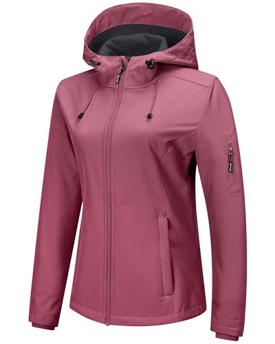 Outdoor Ventures Jacke Damen Wasserdichte Atmungsaktiv Softshelljacke - Übergangsjacke Winddichte Regenjacke Funktionsjacke mit Kapuze Hellrot XL von Outdoor Ventures