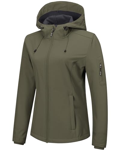 Outdoor Ventures Jacke Damen Wasserdichte Atmungsaktiv Softshelljacke - Übergangsjacke Winddichte Regenjacke Funktionsjacke mit Kapuze Oliv-grün M von Outdoor Ventures