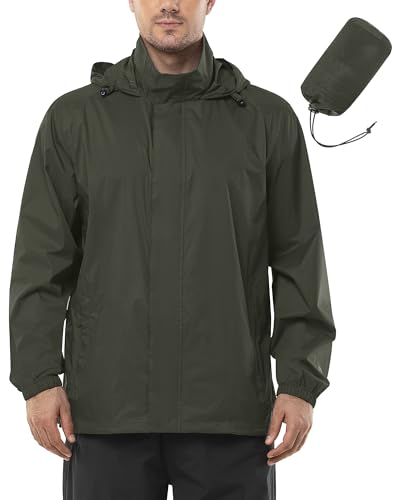 Outdoor Ventures Leichte wasserdichte Herren-Jacke, verstaubare Regenjacke, atmungsaktiv, winddicht, verstellbar, Wandern, Outdoor-Jacke, armee-grün, M von Outdoor Ventures
