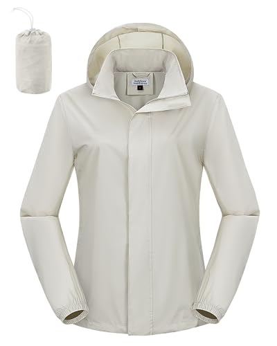 Outdoor Ventures Regenjacke Damen Wasserdicht Windbreaker Leicht Übergangsjacke mit Kapuze Packbar Fahrradjacke Outdoorjacke Beige XS von Outdoor Ventures