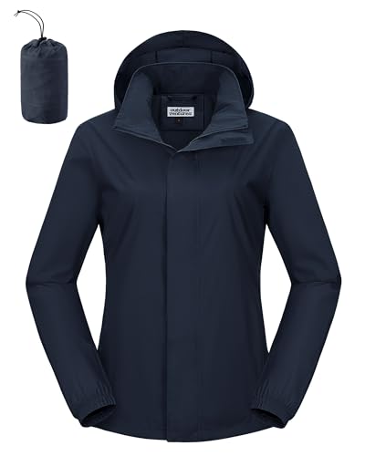 Outdoor Ventures Regenjacke Damen Wasserdicht Windbreaker Leicht Übergangsjacke mit Kapuze Packbar Fahrradjacke Outdoorjacke Navy Blau M von Outdoor Ventures