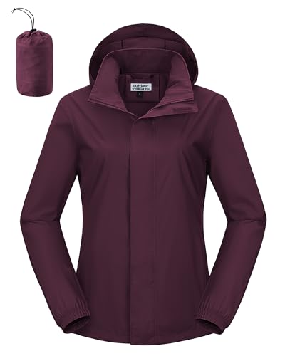 Outdoor Ventures Regenjacke Damen Wasserdicht Windbreaker Leicht Übergangsjacke mit Kapuze Packbar Fahrradjacke Outdoorjacke Weinrot 3XL von Outdoor Ventures