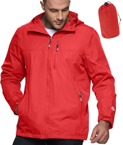 Outdoor Ventures Regenjacke Herren Wasserdicht Atmungsaktiv, Packbar Fahrrad Jacke Leichte Windbreaker zum Freizeit Wandern Camping Rot M von Outdoor Ventures