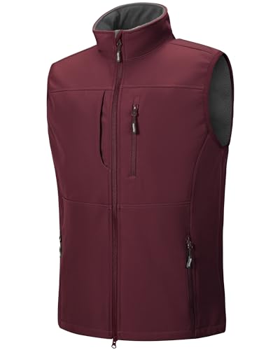 Outdoor Ventures Softshell Weste Herren Wasserdicht Winddichte Ärmellose Jacke Sportlich,Mehrere Taschen Body Warmer Golf Softshellweste für Männer Weinrot 2XL von Outdoor Ventures