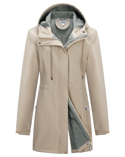 Outdoor Ventures Softshelljacke Damen Regenjacke Funktioneller Regenmantel Windbreaker Wasserdicht Wanderjacke Atmungsaktiv Outdoorjacke mit Kapuze für Frühling Herbst Winter, Hellkhaki, 38 von Outdoor Ventures