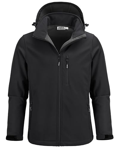 Outdoor Ventures Softshelljacke Herren Wasserdicht Atmungsaktiv, Fleece Jacke mit Abnehmbare Kapuze Winddichte Stehkragen Freizeitjacke für Wandern Fahrrad Camping Schwarz 3XL von Outdoor Ventures