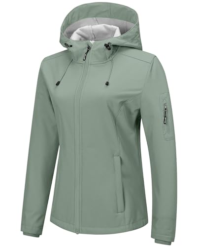 Outdoor Ventures Sportjacke Damen Wasserdichte Atmungsaktiv Softshelljacke - Übergangsjacke Winddichte Regenjacke Funktionsjacke mit Kapuze Eisgrün 2XL von Outdoor Ventures