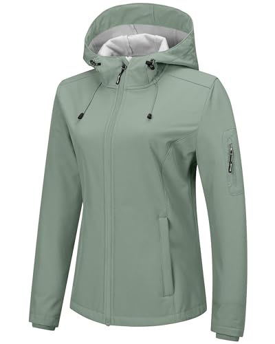 Outdoor Ventures Jacke Damen Wasserdichte Atmungsaktiv Softshelljacke - Übergangsjacke Winddichte Regenjacke Funktionsjacke mit Kapuze Eisgrün XL von Outdoor Ventures